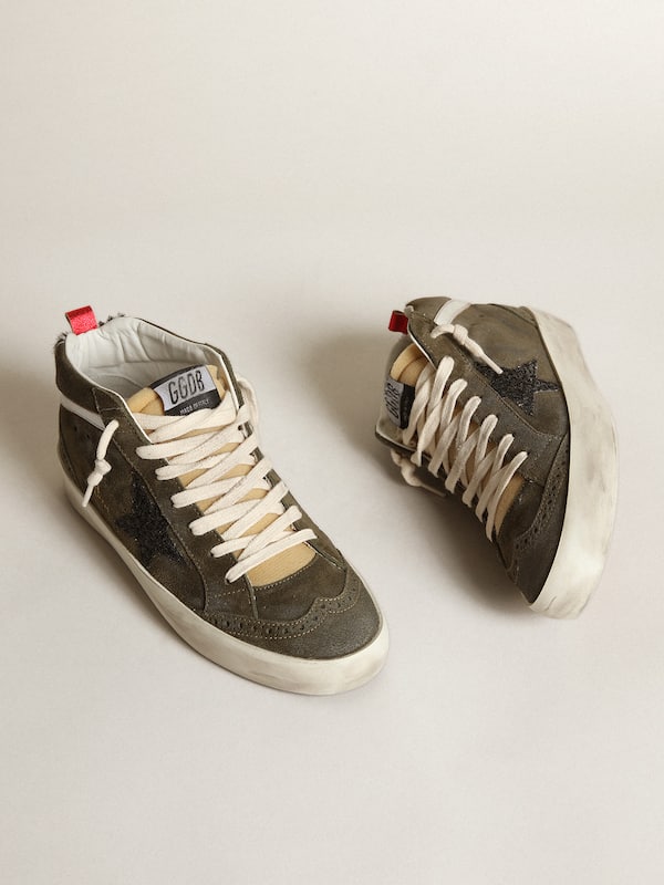 Golden Goose - Women’s Mid-Star in olive-green suede with black glitter star and pony skin heel tab in 