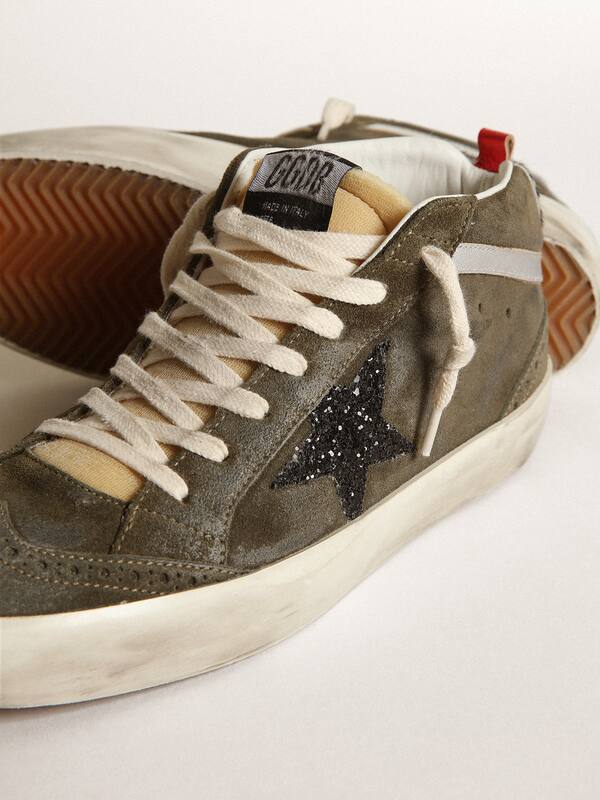 Golden Goose - Women’s Mid-Star in olive-green suede with black glitter star and pony skin heel tab in 