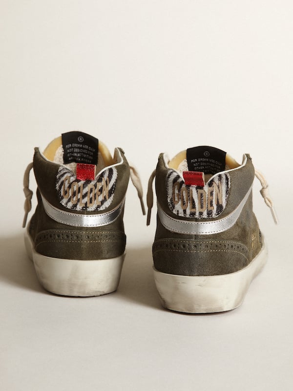 Golden Goose - Women’s Mid-Star in olive-green suede with black glitter star and pony skin heel tab in 