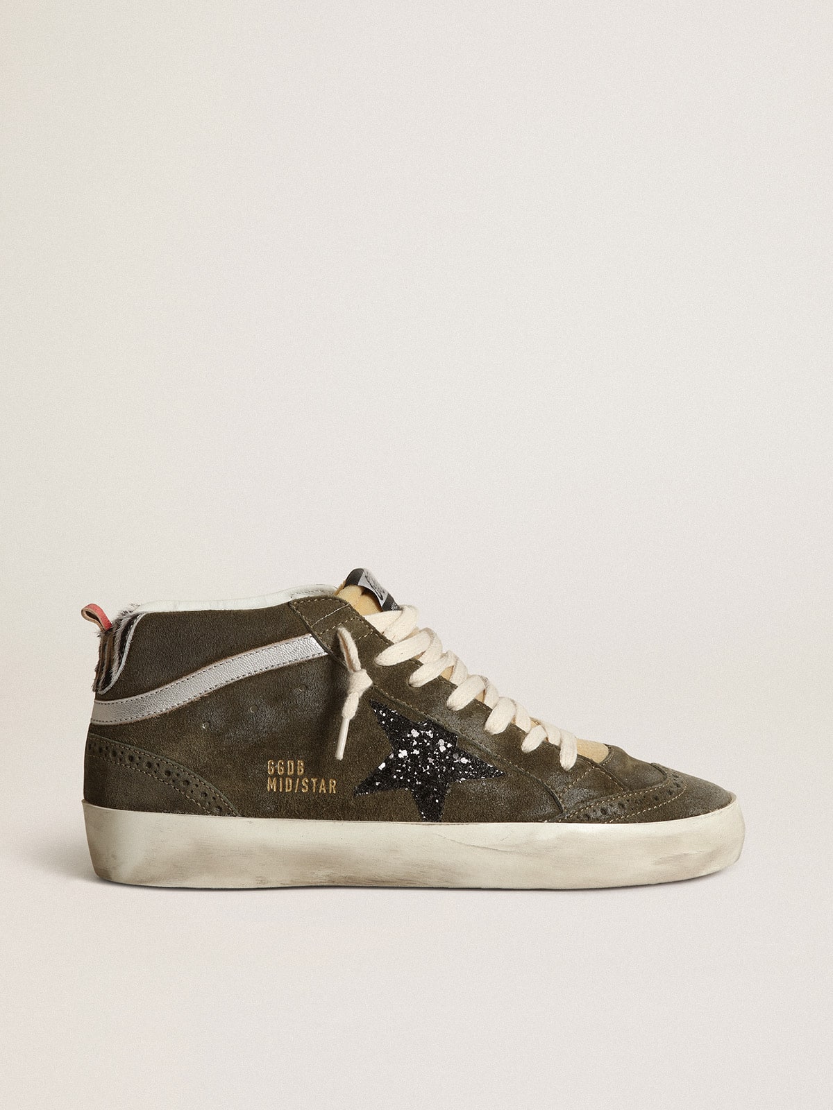 Golden Goose   Mid star Donna In Suede Verde Oliva Con Stella In Glitter Nera E Talloncino In Cavallino, Donna, Taglia: 37