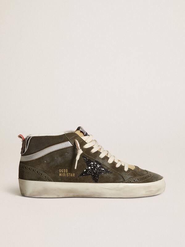 Golden Goose - Women’s Mid-Star in olive-green suede with black glitter star and pony skin heel tab in 