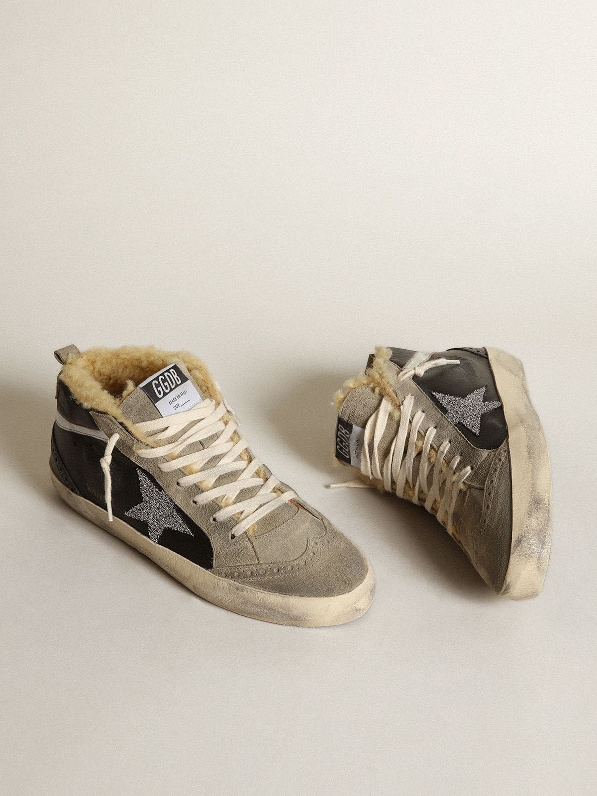 Golden Goose - Women's Mid Star in black nappa leather with Swarovski crystal star and beige shearling lining in 