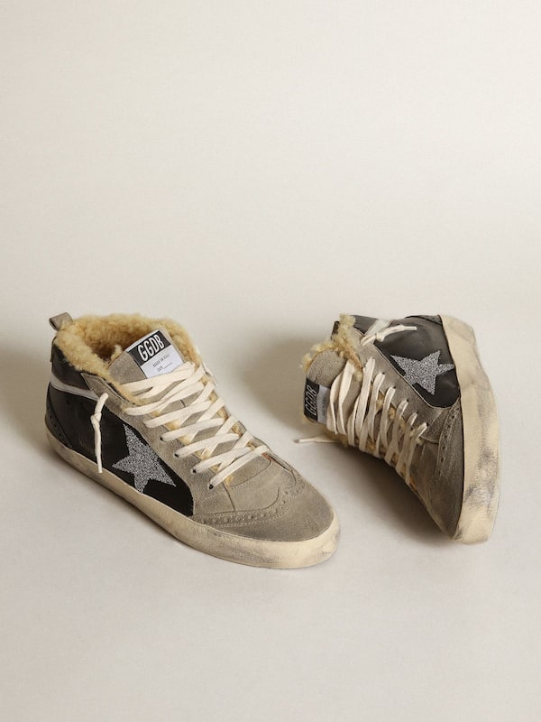 Golden Goose - Women's Mid Star in black nappa leather with Swarovski crystal star and beige shearling lining in 