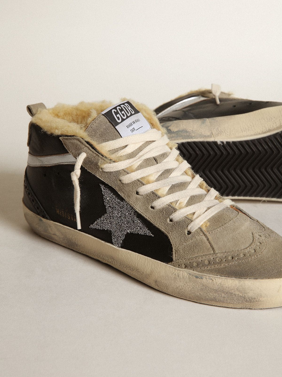 Golden Goose - Women's Mid Star in black nappa leather with Swarovski crystal star and beige shearling lining in 