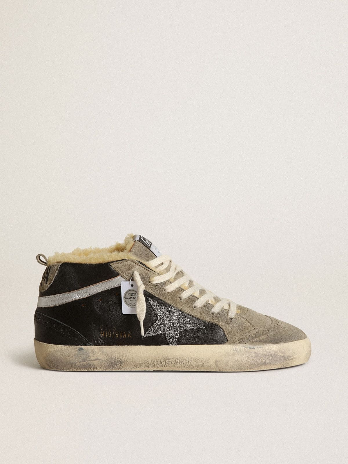 Golden Goose - Women's Mid Star in black nappa leather with Swarovski crystal star and beige shearling lining in 