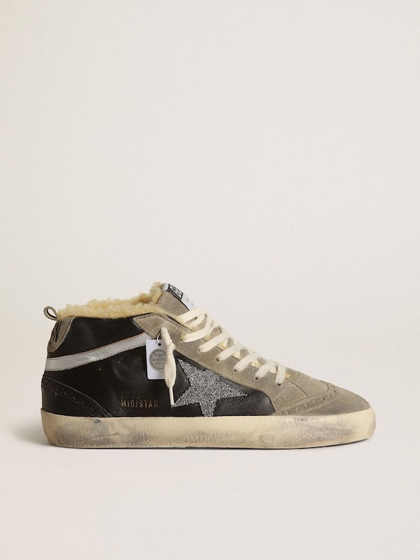 Golden Goose - Women's Mid Star in black nappa leather with Swarovski crystal star and beige shearling lining in 