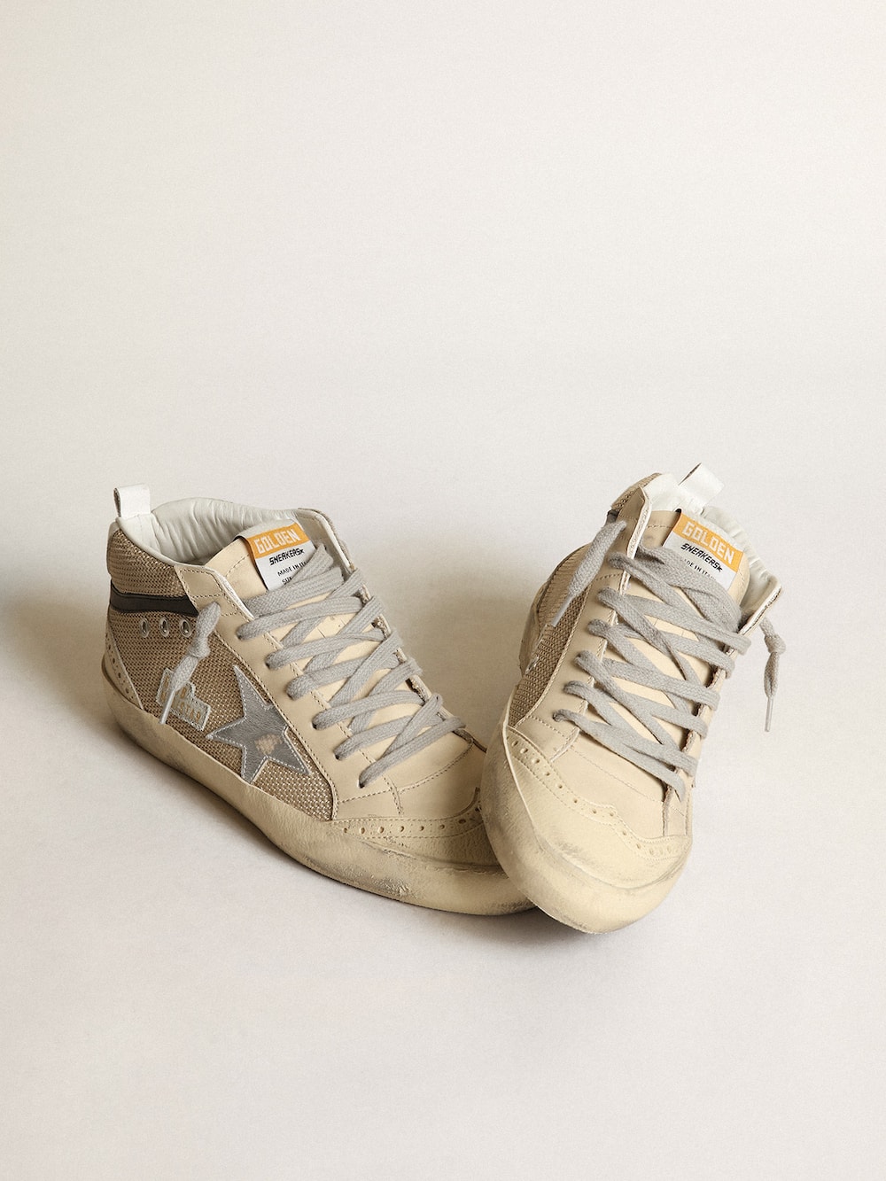 Golden Goose - Women's Mid Star LTD in cream-colored mesh with silver star in 