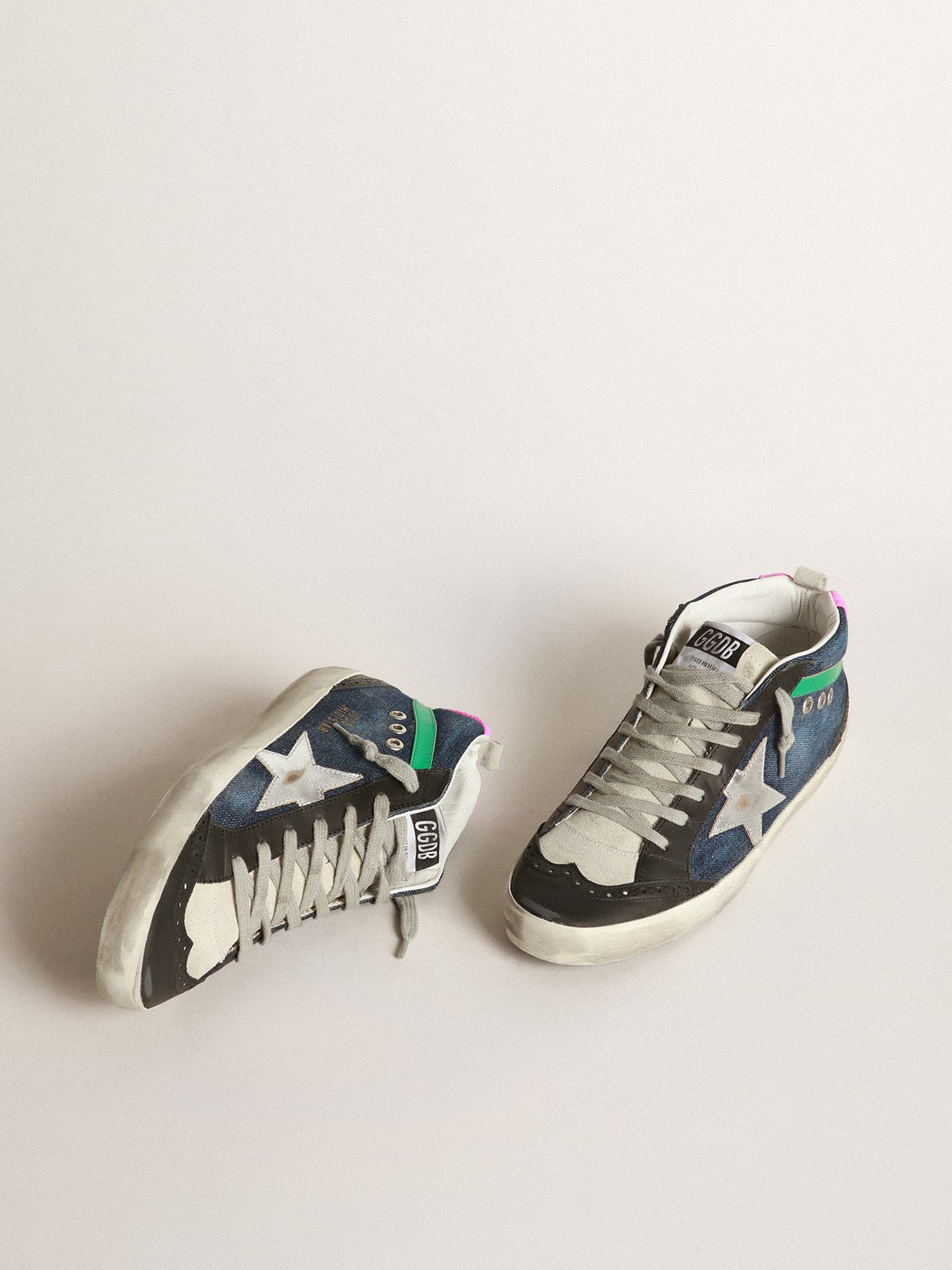 Golden Goose - Mid Star sneakers in blue denim with silver laminated leather star and aqua-green laminated leather flash in 