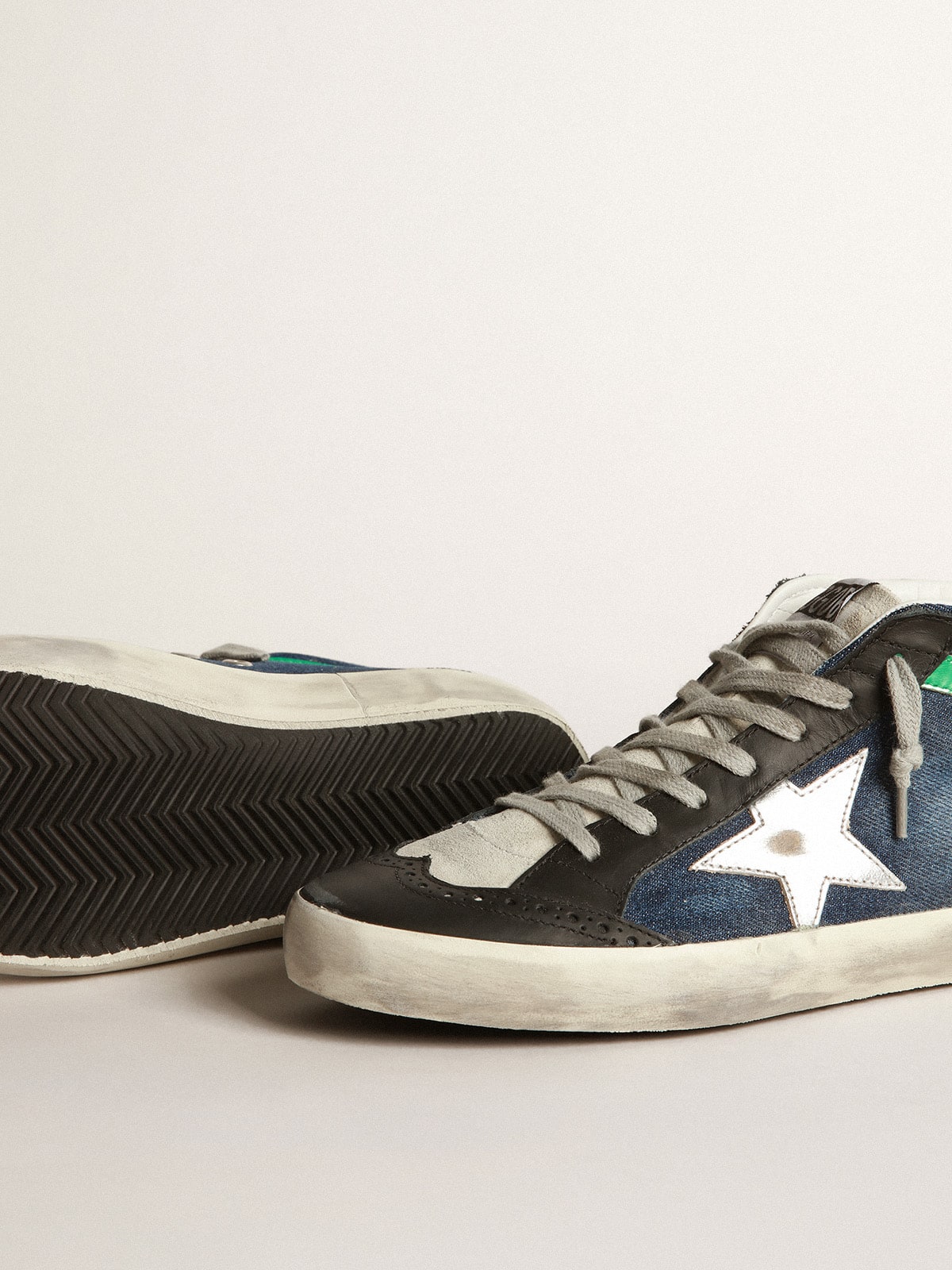 Golden Goose - Mid Star sneakers in blue denim with silver laminated leather star and aqua-green laminated leather flash in 