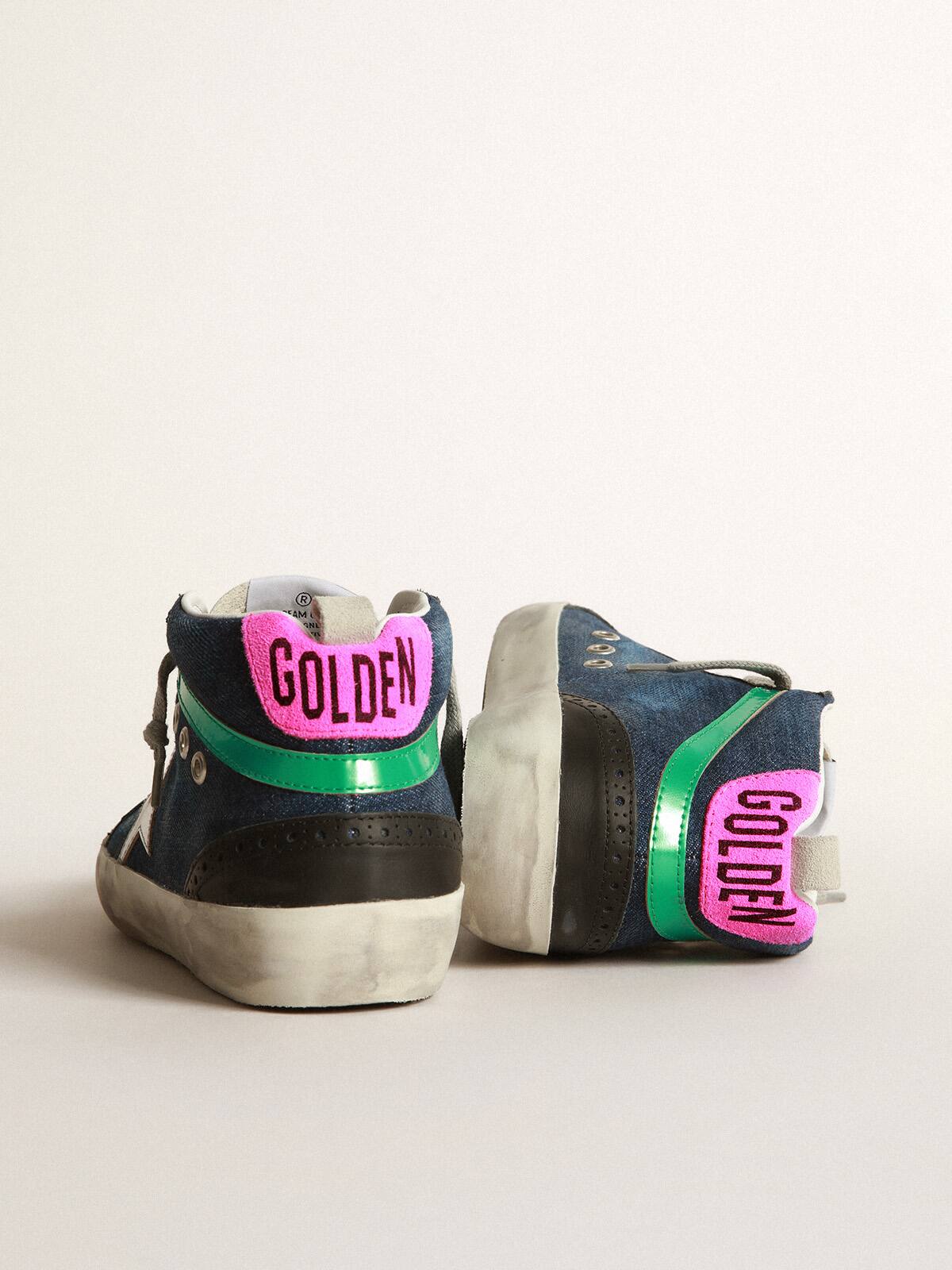 Golden Goose - Mid Star sneakers in blue denim with silver laminated leather star and aqua-green laminated leather flash in 