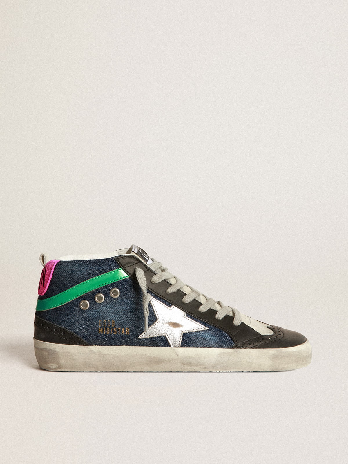 Golden Goose - Mid Star sneakers in blue denim with silver laminated leather star and aqua-green laminated leather flash in 