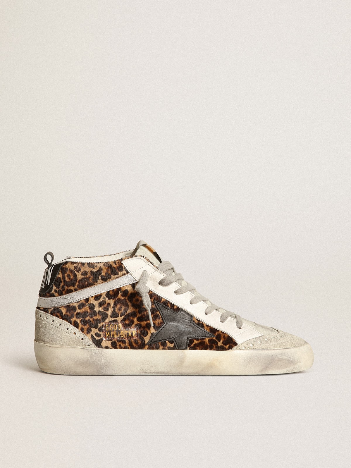 Golden Goose - Women's Mid Star in leopard print pony skin with black star in 