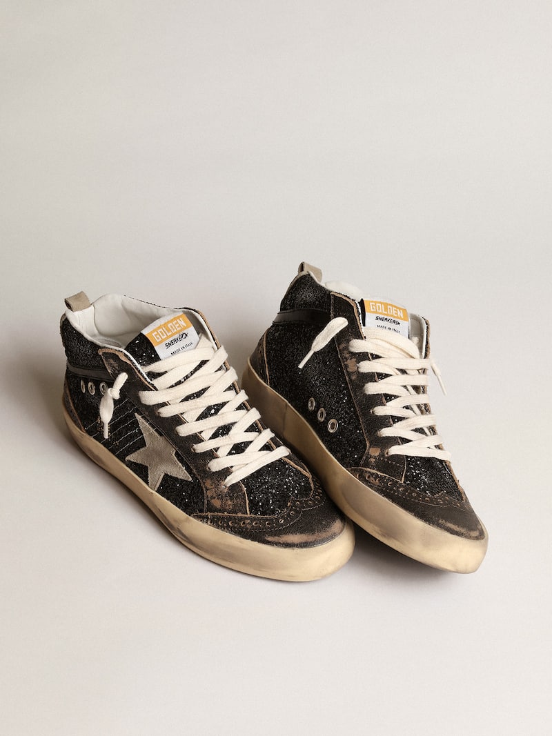Mid Star pour femme &agrave; paillettes noires avec &eacute;toile et contrefort en daim gris tourterelle