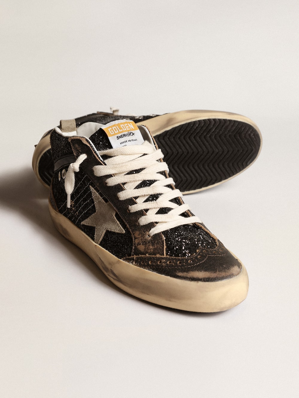 Golden Goose - Women's Mid Star in black glitter with dove-gray suede star and heel tab in 