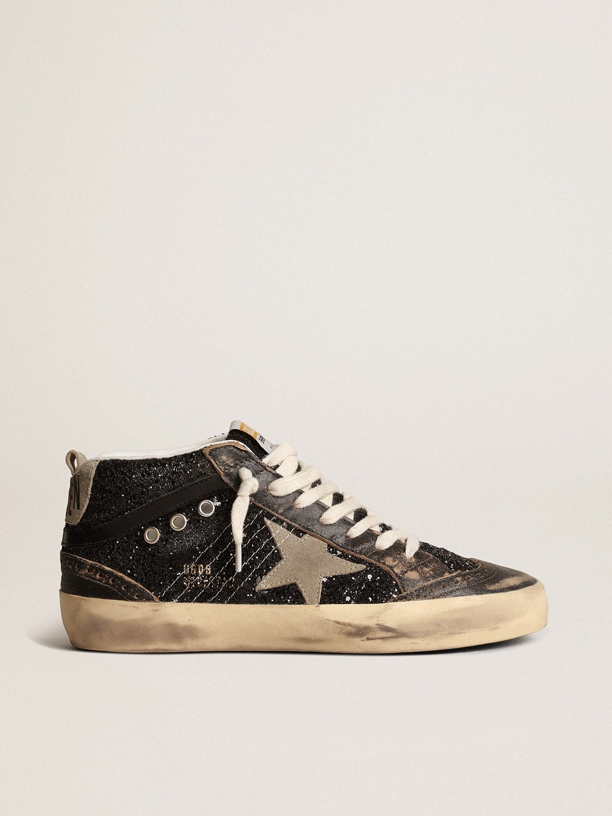 Golden Goose - Mid Star Donna in glitter neri con stella e talloncino in suede tortora in 