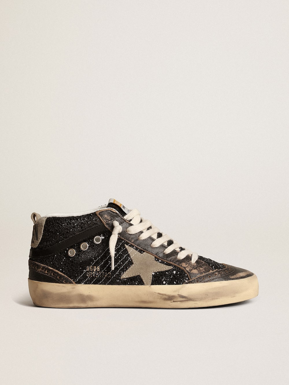 Golden Goose - Women's Mid Star in black glitter with dove-gray suede star and heel tab in 