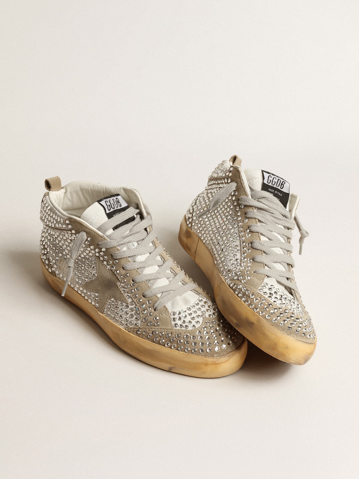 Golden Goose - Mid Star Donna in suede bianco e tortora con cristalli Swarovski in 