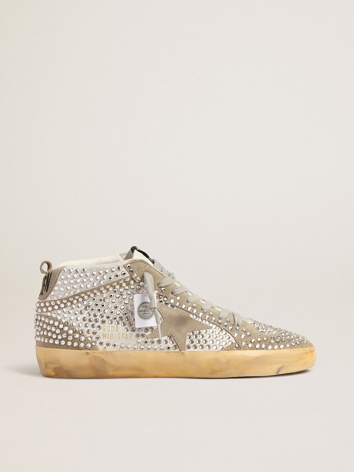 Golden Goose - Mid Star pour femme en daim blanc et gris tourterelle avec cristaux Swarovski in 