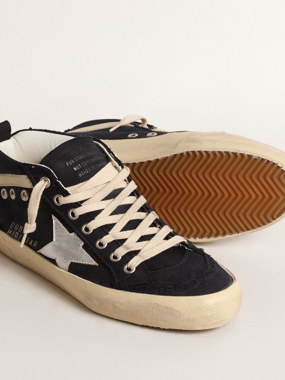 Golden Goose - Mid Star in blue cotton with silver star and leather flash in 