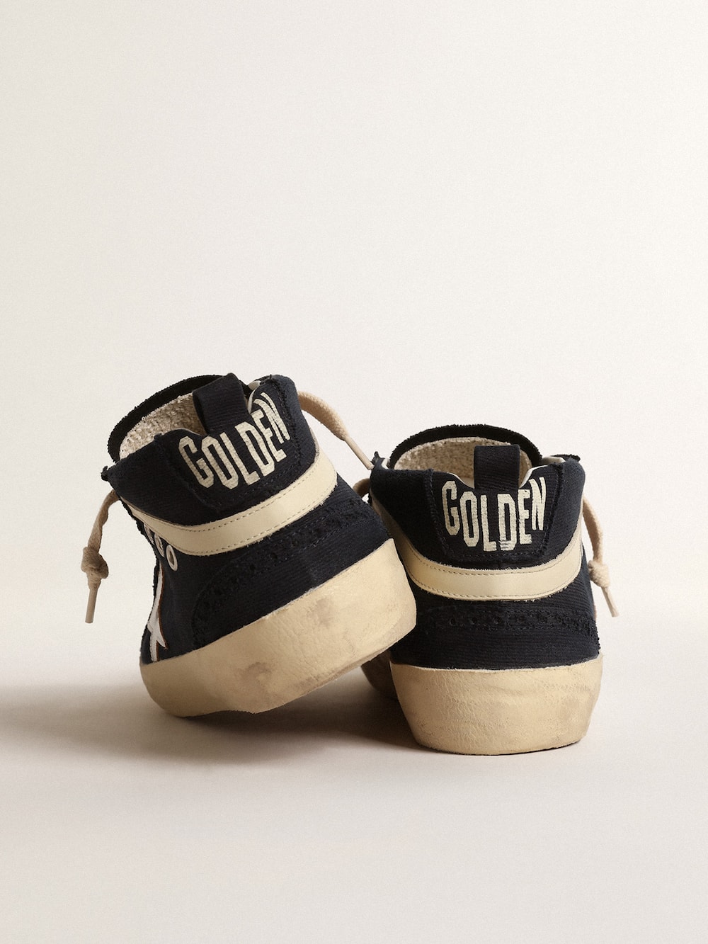 Golden Goose - Mid Star in blue cotton with silver star and leather flash in 