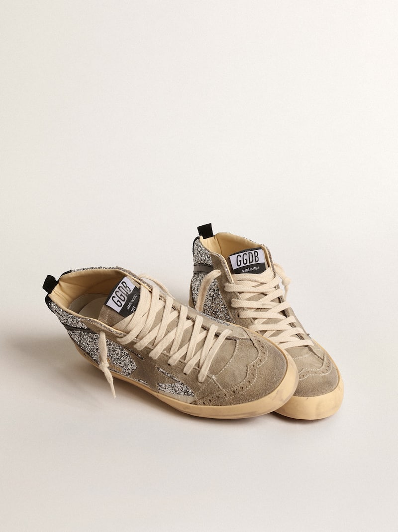 Golden Goose - Mid Star in silver glitter with suede star and black flash in 
