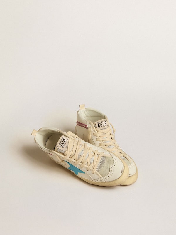 Golden Goose - Women's Mid Star in leather with light blue star and fuchsia suede flash with platinum studs in 