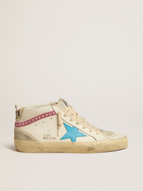 Golden Goose - Women's Mid Star in leather with light blue star and fuchsia suede flash with platinum studs in 
