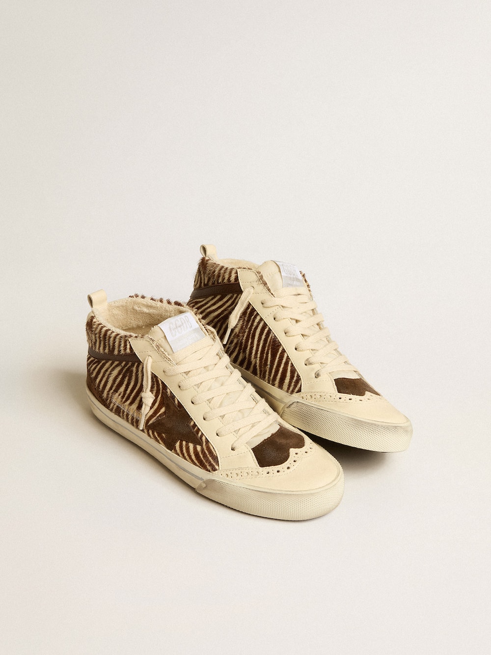 Golden Goose - Mid Star in zebra-print pony skin with suede star and brown flash in 