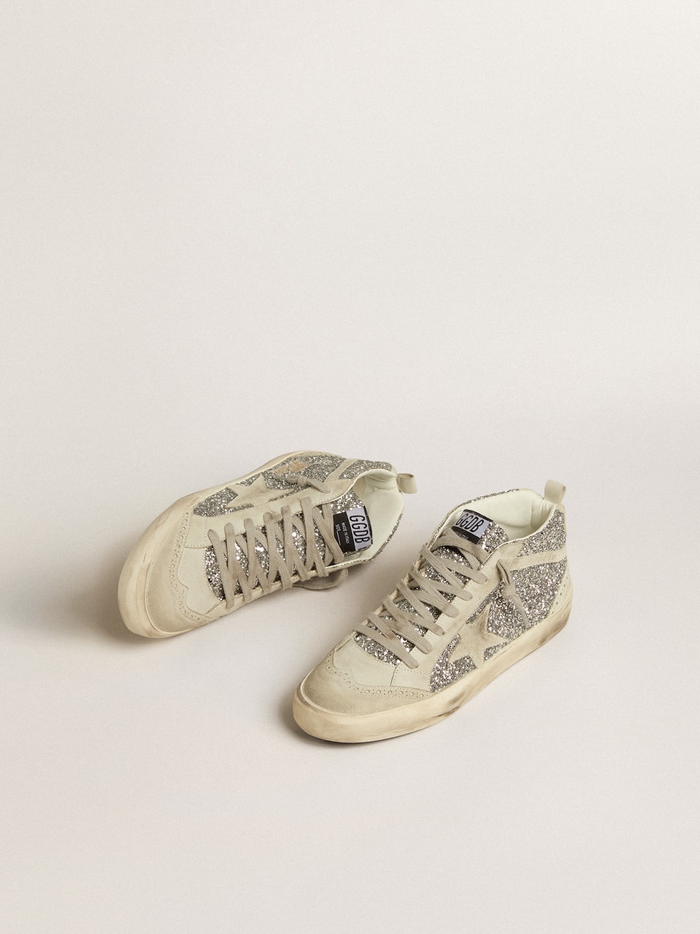 Golden Goose - Mid Star in silver glitter with ice-gray suede star and flash in 