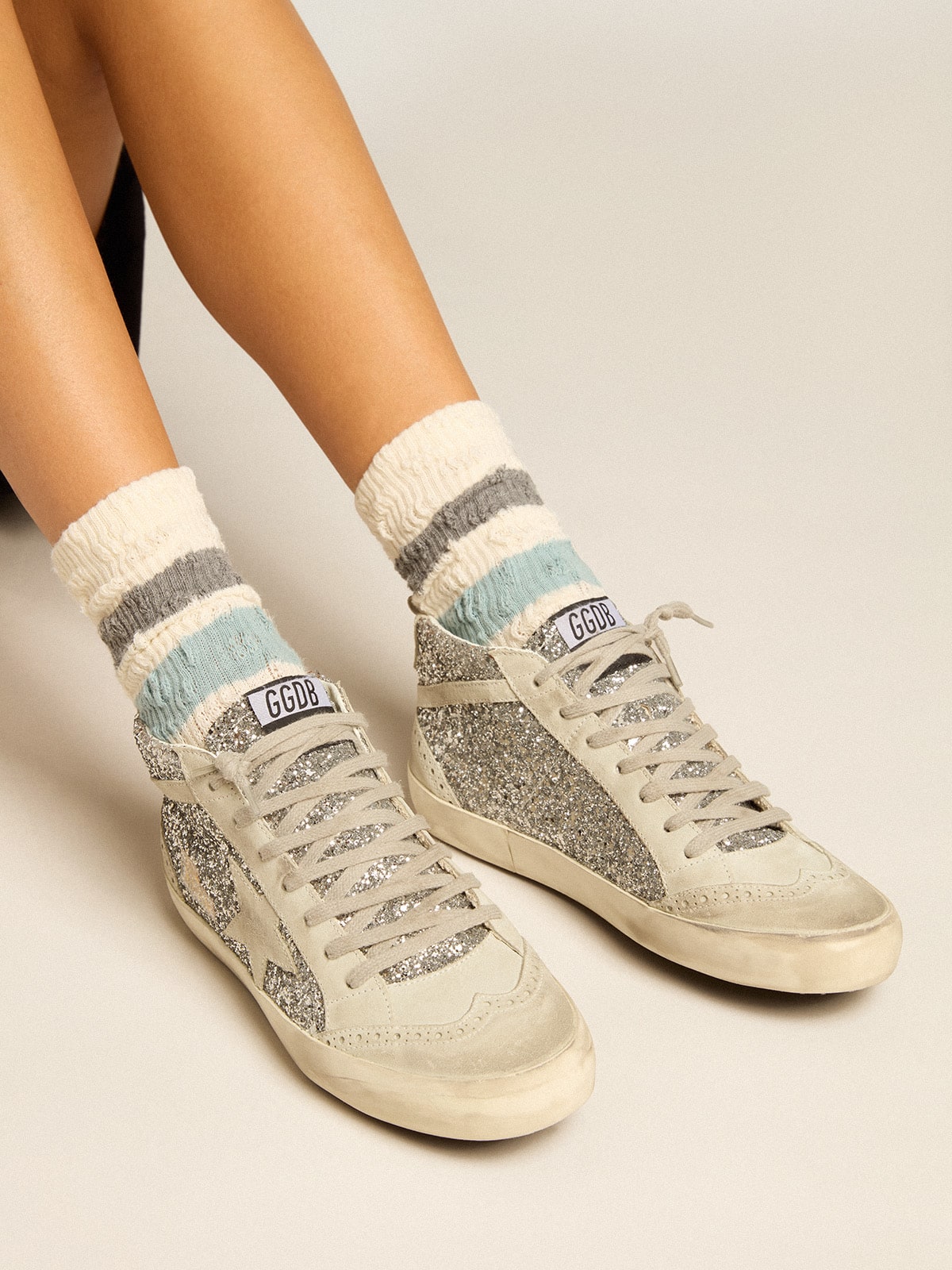 Golden Goose - Mid Star in silver glitter with ice-gray suede star and flash in 