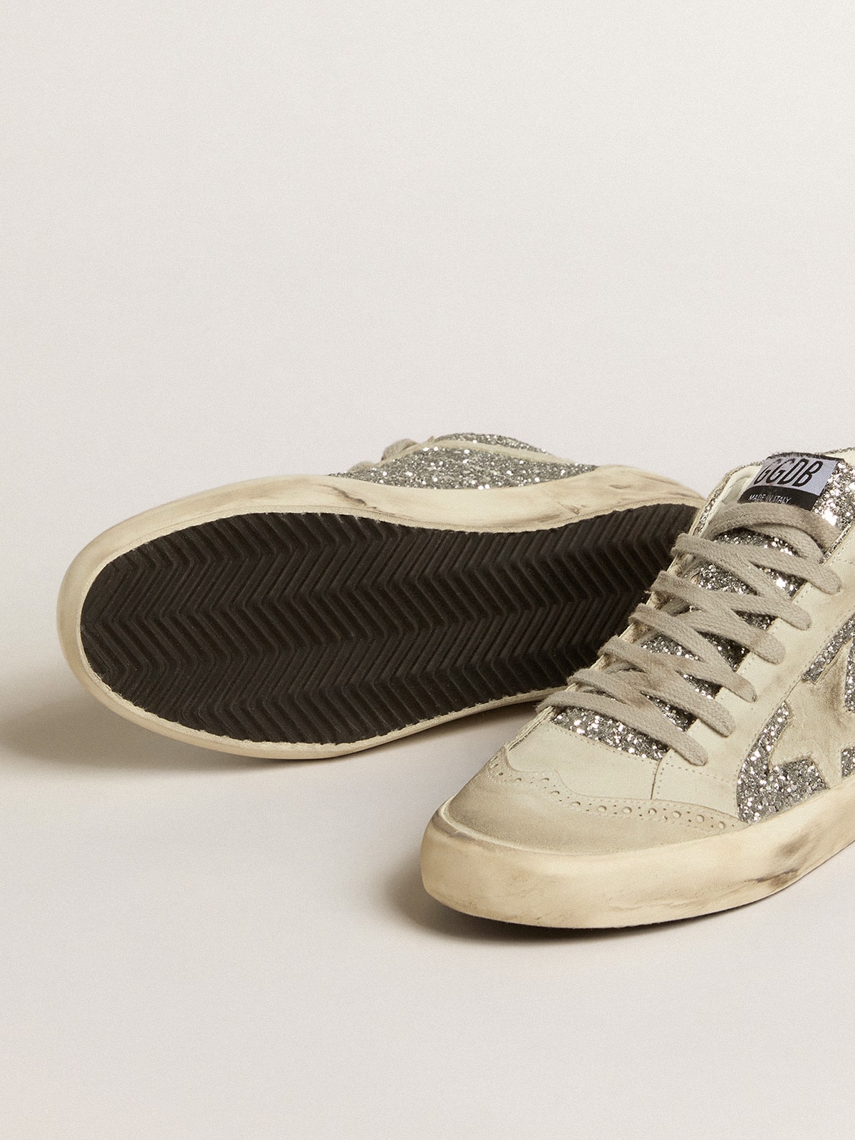 Golden Goose - Mid Star in silver glitter with ice-gray suede star and flash in 