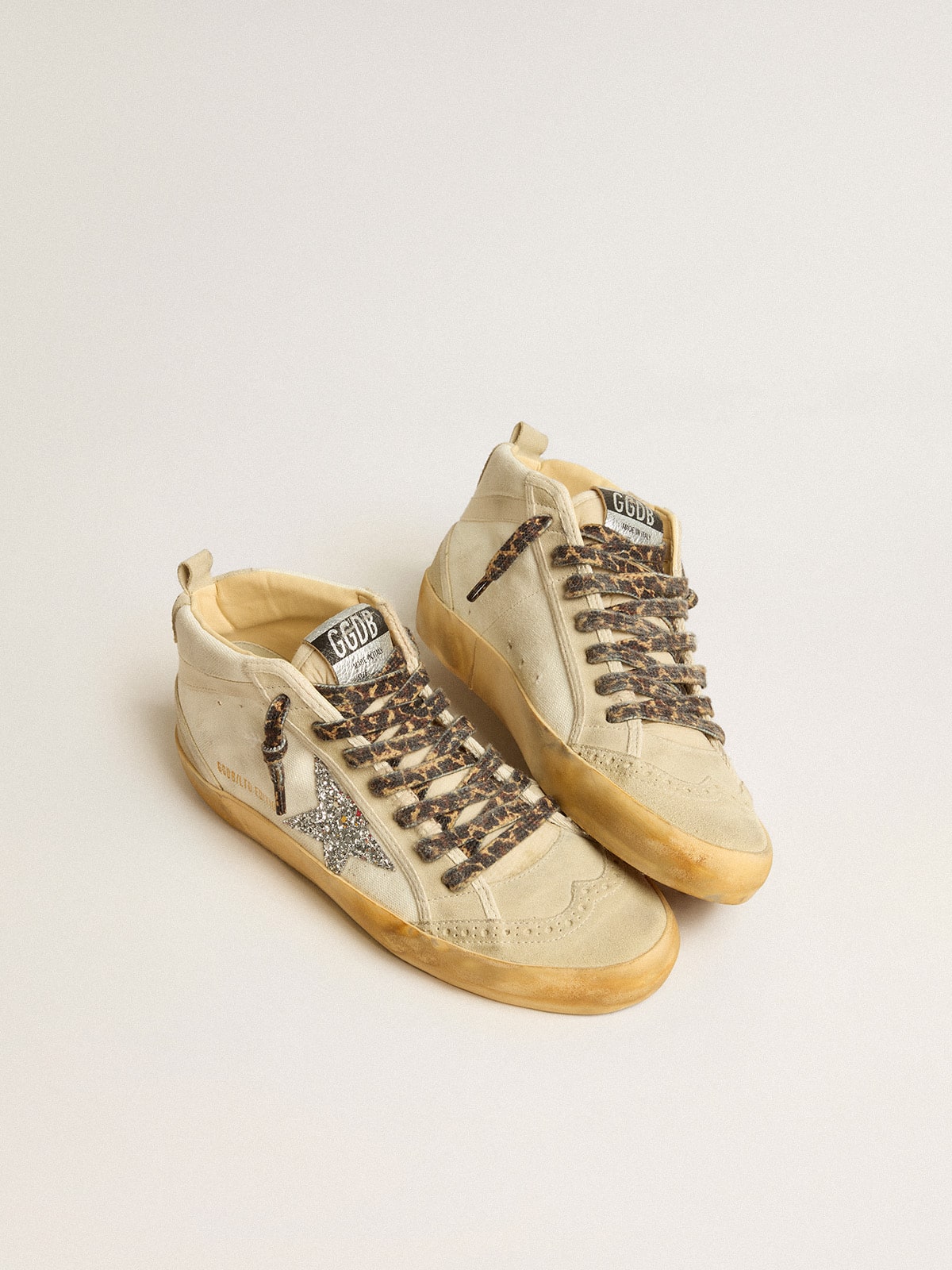 Golden Goose - Women's Mid Star in canvas with silver glitter star and beige flash in 