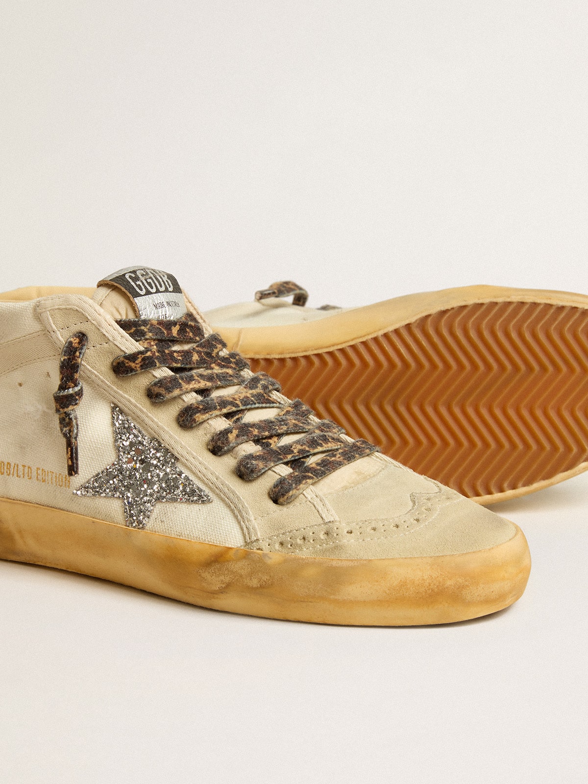 Golden Goose - Mid Star Donna in canvas con stella in glitter argento e virgola beige in 