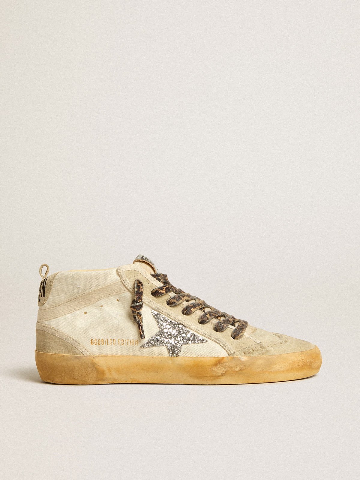 Golden Goose - Mid Star Donna in canvas con stella in glitter argento e virgola beige in 