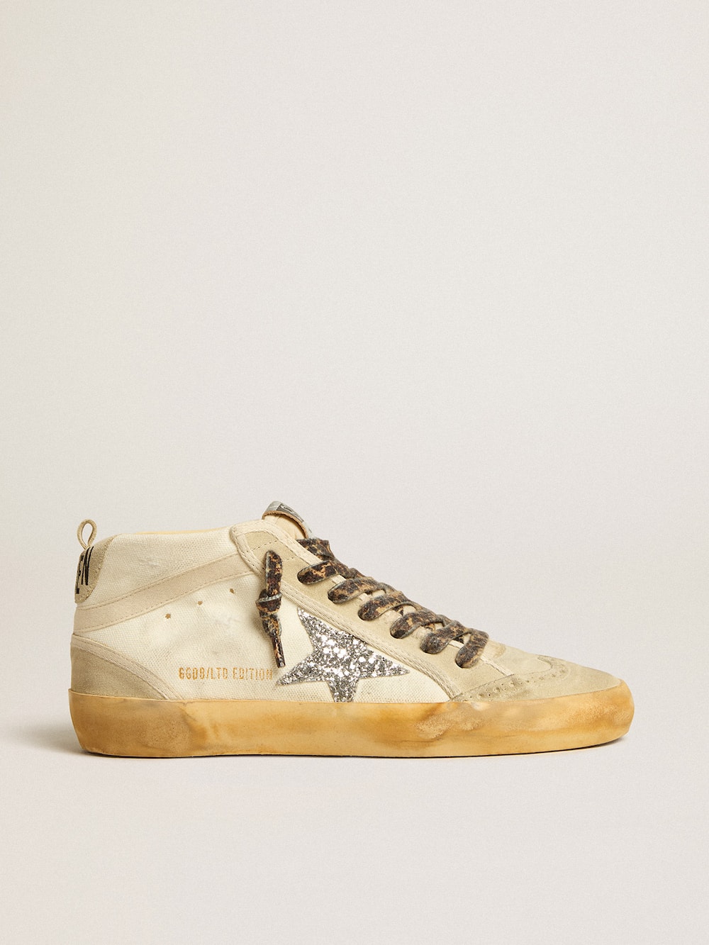 Golden Goose - Women's Mid Star in canvas with silver glitter star and beige flash in 