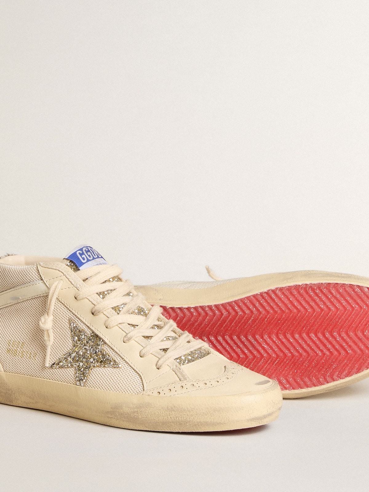 Golden Goose - Mid Star Donna in rete con stella in glitter platino e virgola in pelle bianca in 