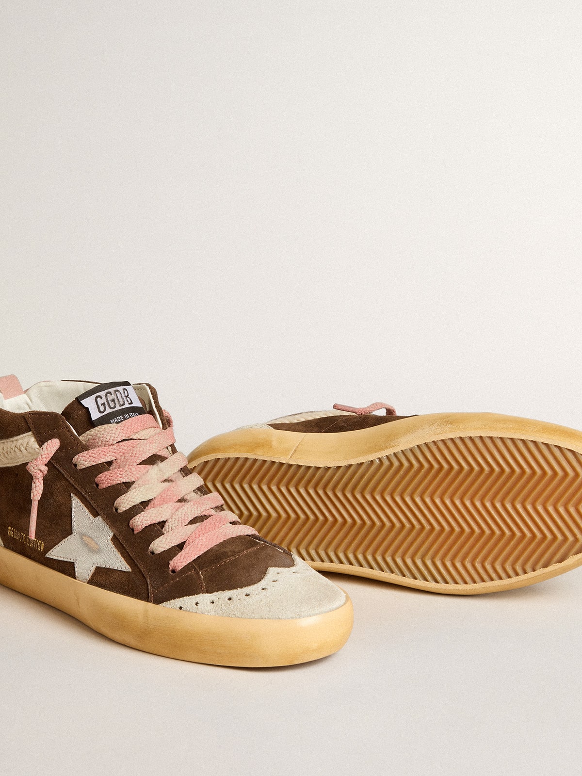 Mid Star LTD in brown suede with silver nappa leather star and cream flash Golden Goose