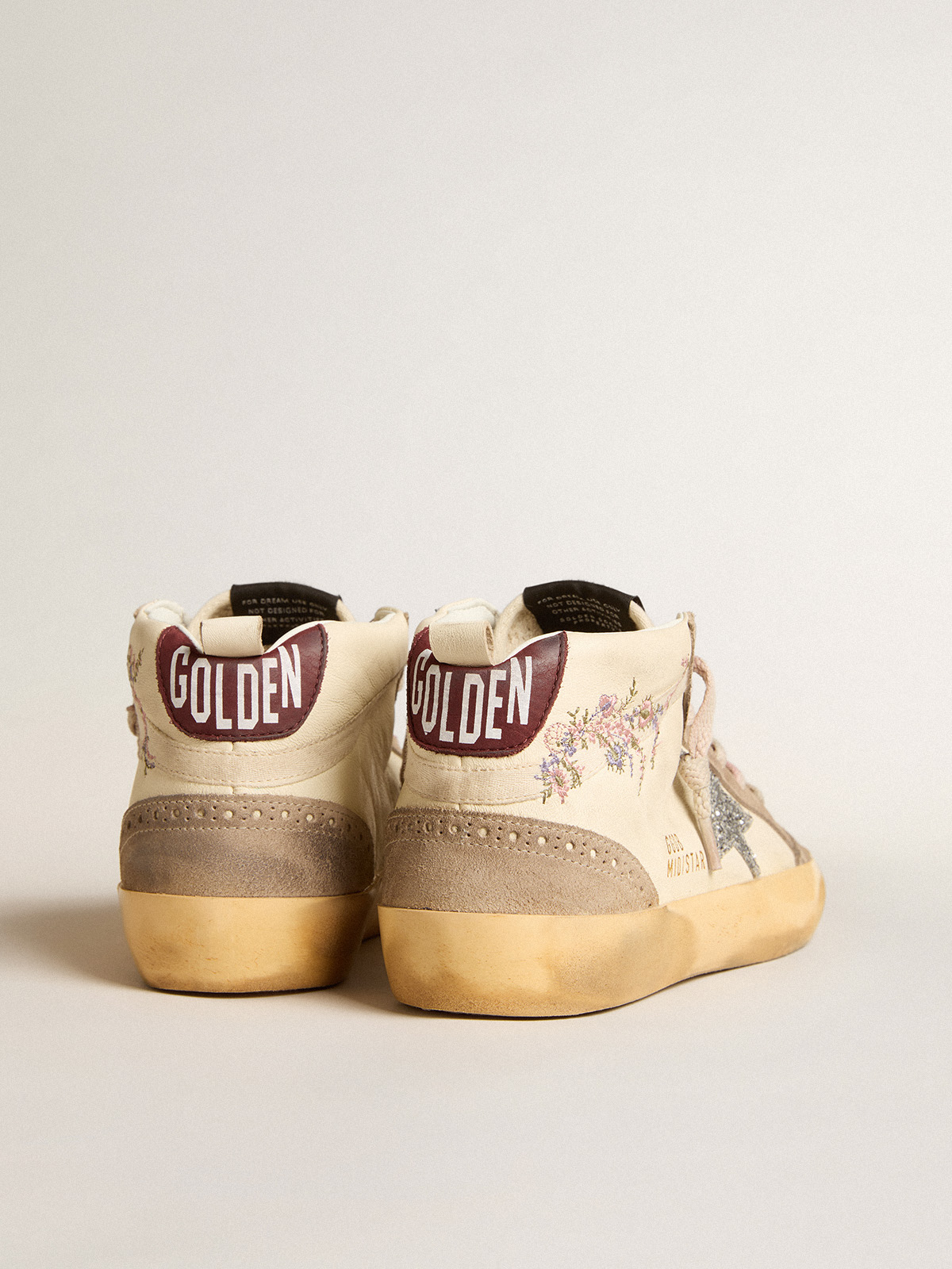 Golden Goose - Women's Mid Star in nappa leather with floral embroidery and silver glitter star in