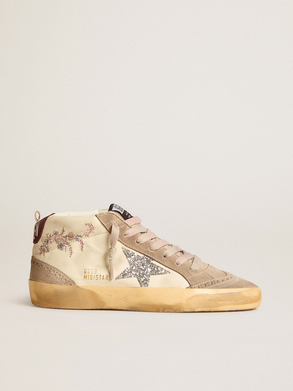 Golden Goose - Women's Mid Star in nappa leather with floral embroidery and silver glitter star in 