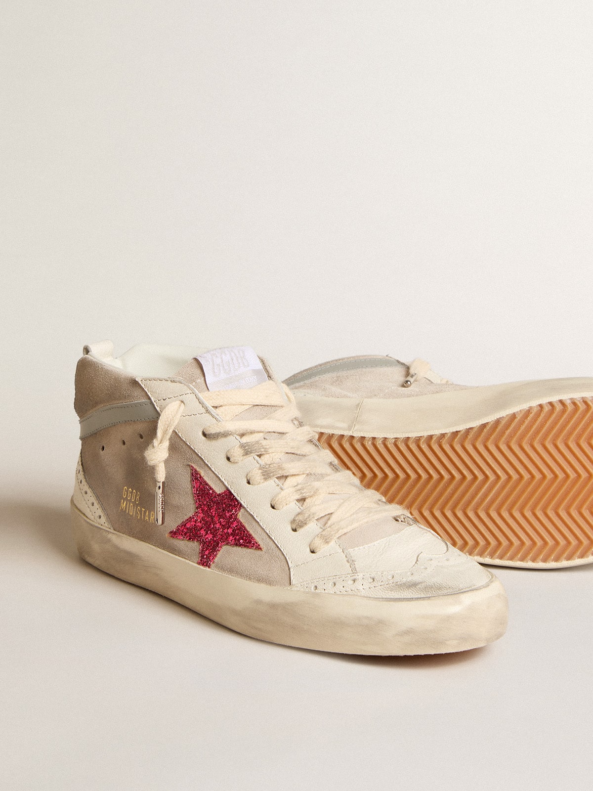 Golden Goose - Mid Star in suede with fuchsia glitter star and gray leather flash in 