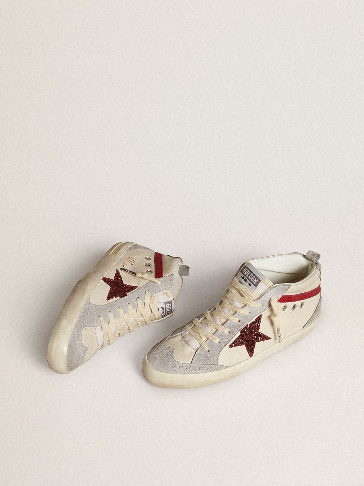 Golden Goose - Women’s Mid Star in leather with glitter star and red nubuck flash in 