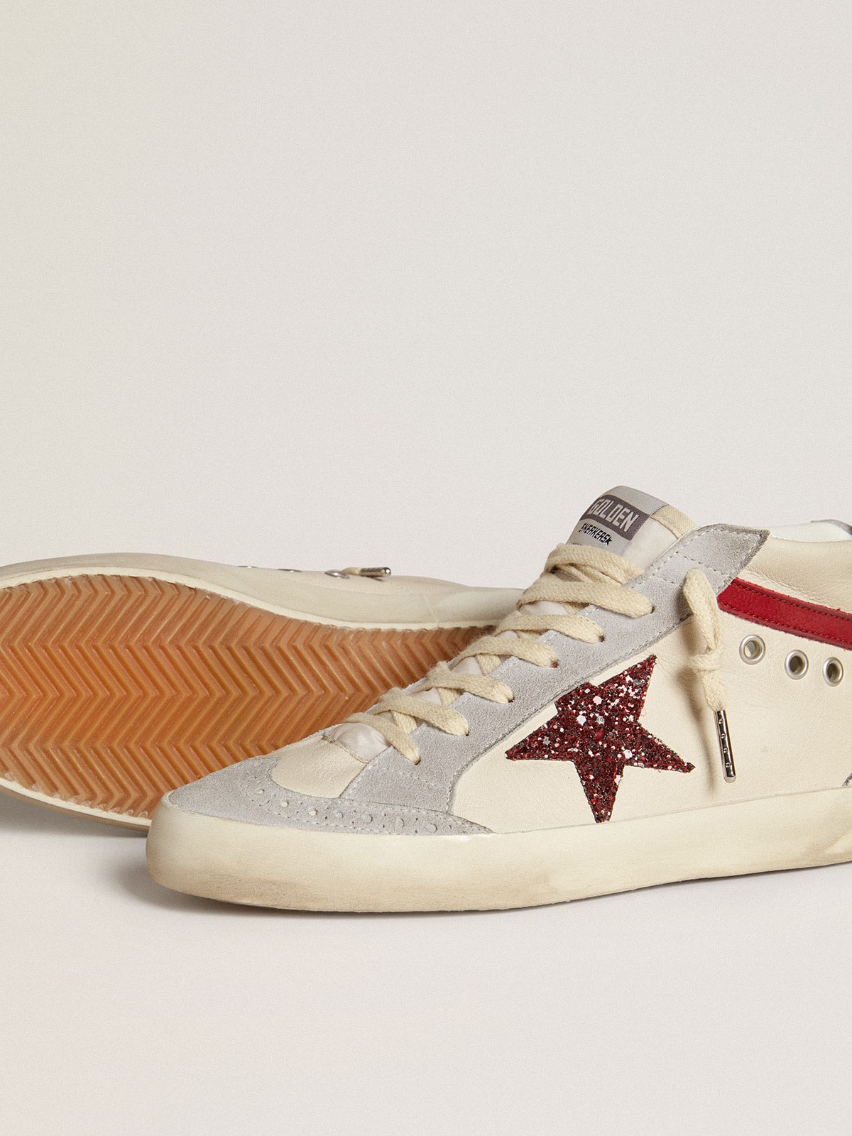 Women s Mid Star in leather with glitter star and red nubuck flash Golden Goose