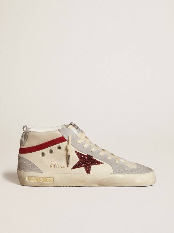 Golden Goose - Women’s Mid Star in leather with glitter star and red nubuck flash in 
