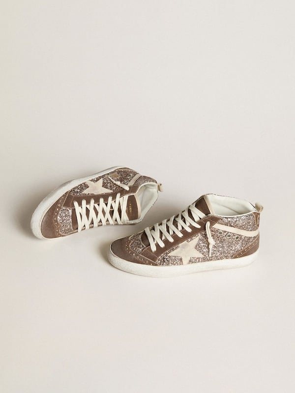 Golden Goose - Women's Mid Star in glitter with pearl suede star and brown suede inserts in 