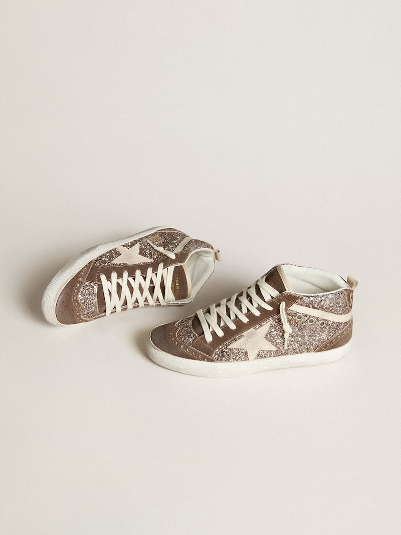 Golden Goose - Women's Mid Star in glitter with pearl suede star and brown suede inserts in 