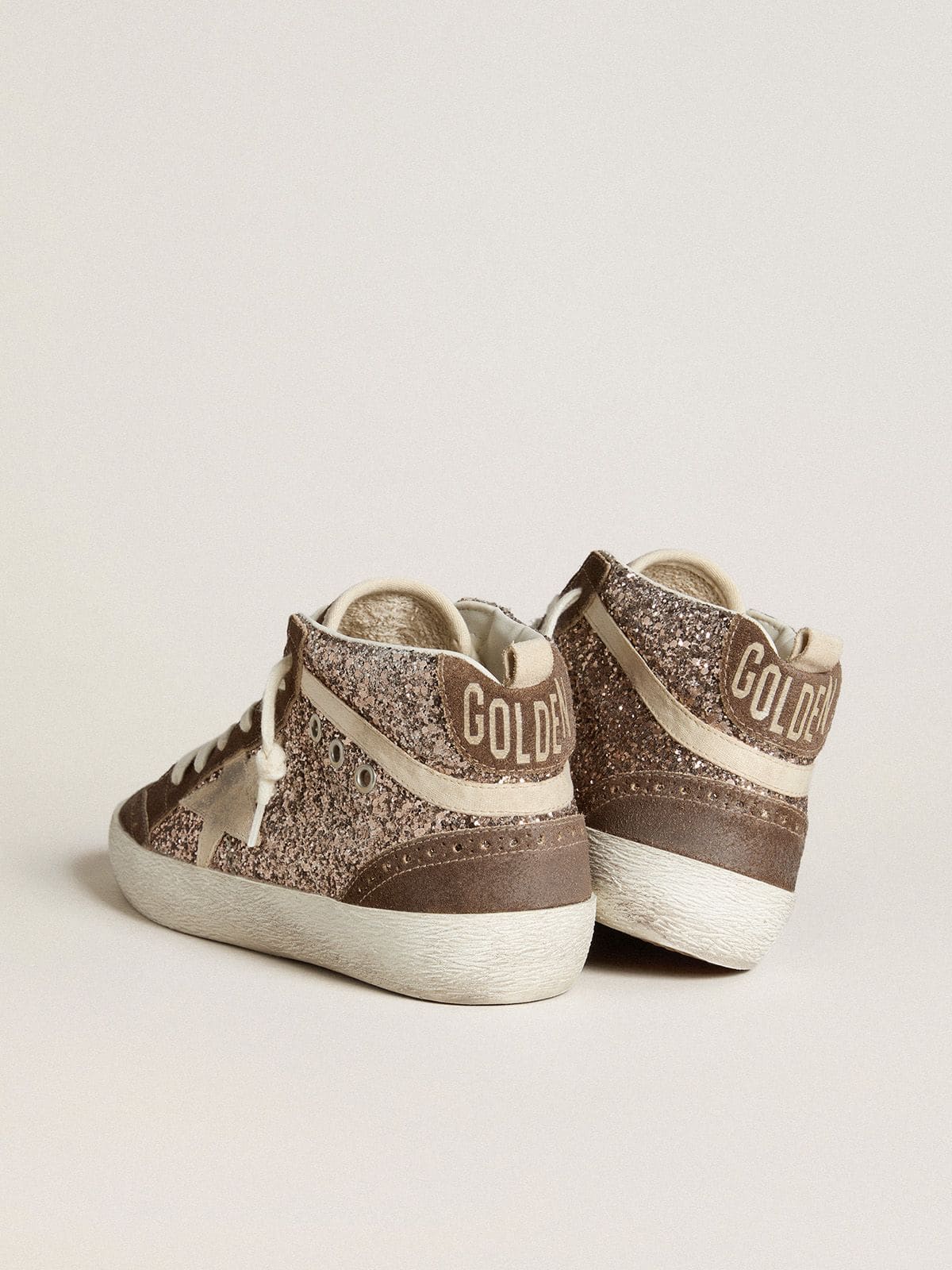 Women s Mid Star in glitter with pearl suede star and brown suede inserts Golden Goose