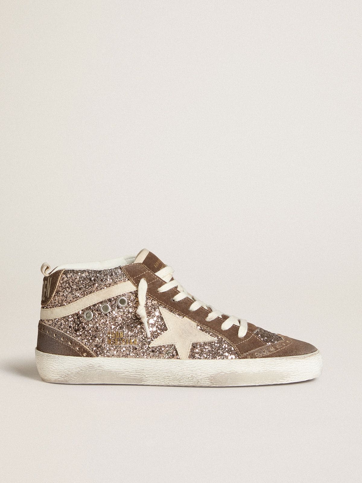 Women s Mid Star in glitter with pearl suede star and brown suede inserts Golden Goose