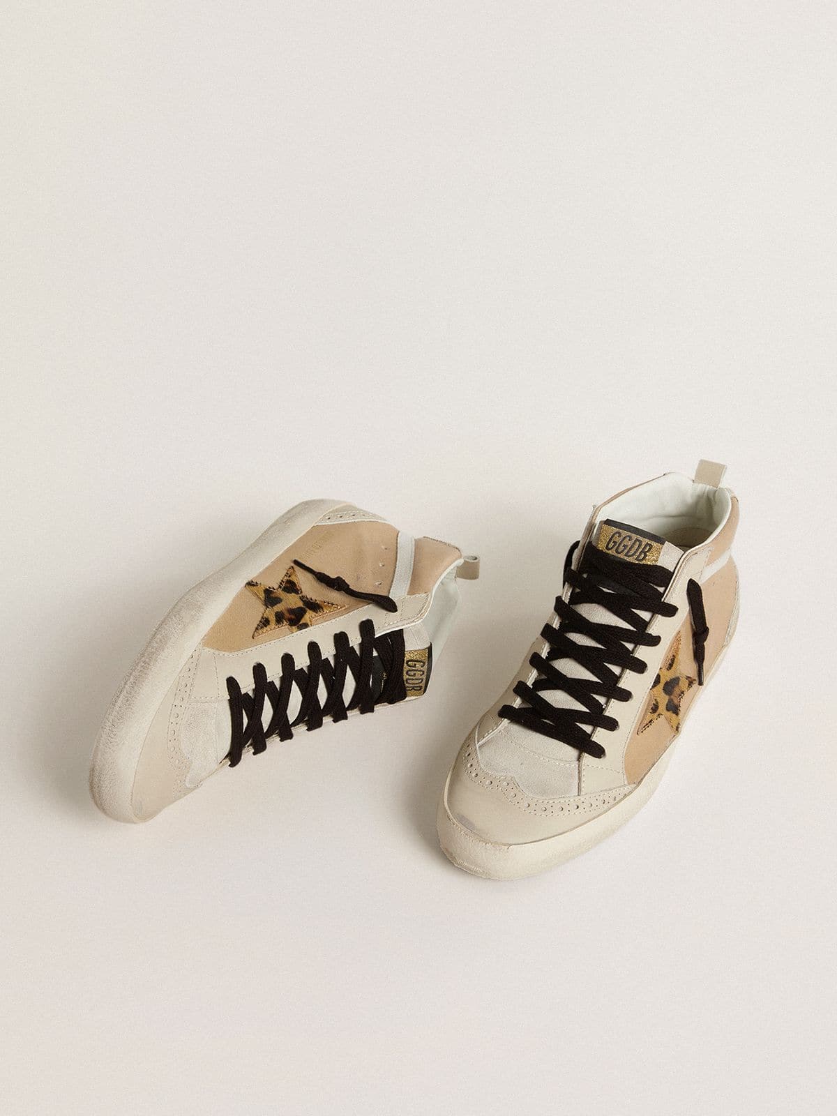 Golden Goose - Mid Star pour femme en cuir naplak beige avec étoile en cuir façon poulain léopard in 