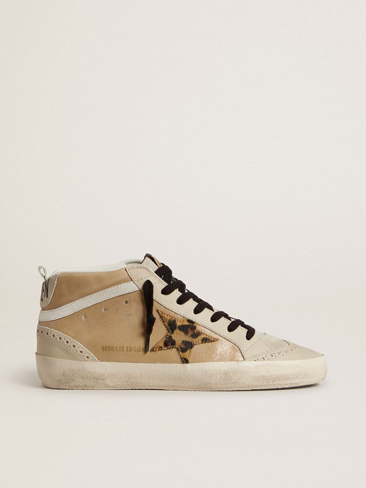 Golden Goose - Mid Star pour femme en cuir naplak beige avec étoile en cuir façon poulain léopard in 