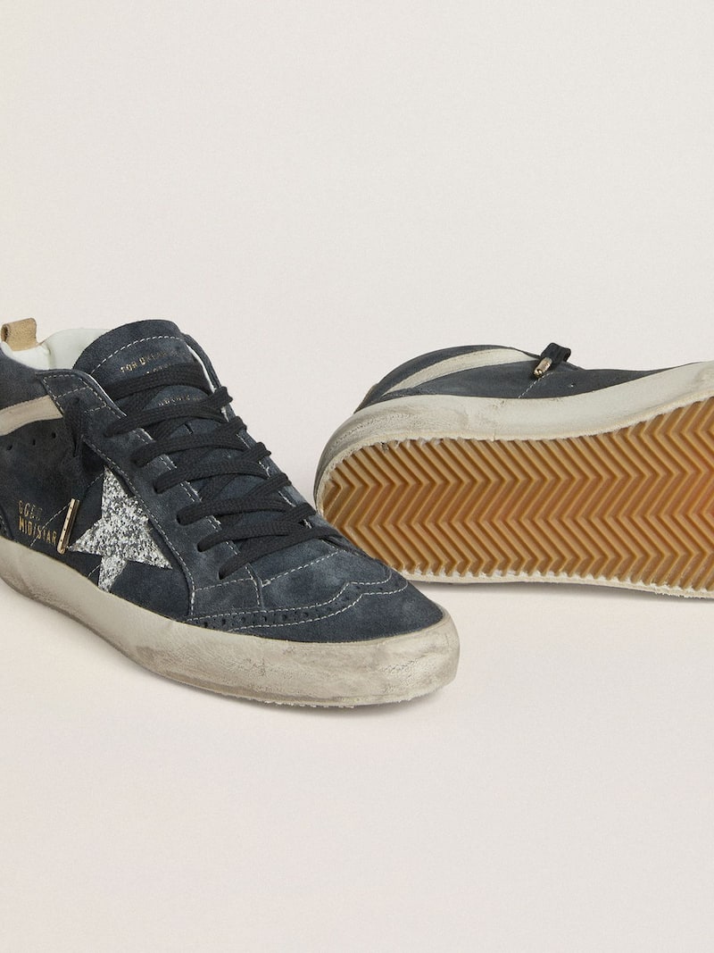 Golden Goose - Women's Mid Star in petrol-blue suede with silver glitter star and cotton flash in 